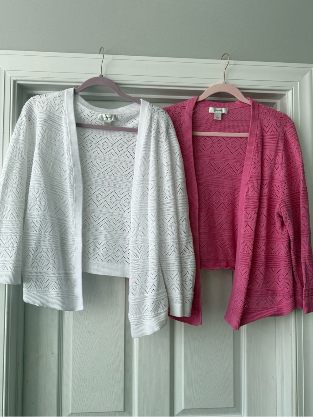 CJ Banks Open-Front Pointelle Cardigans - White & Pink